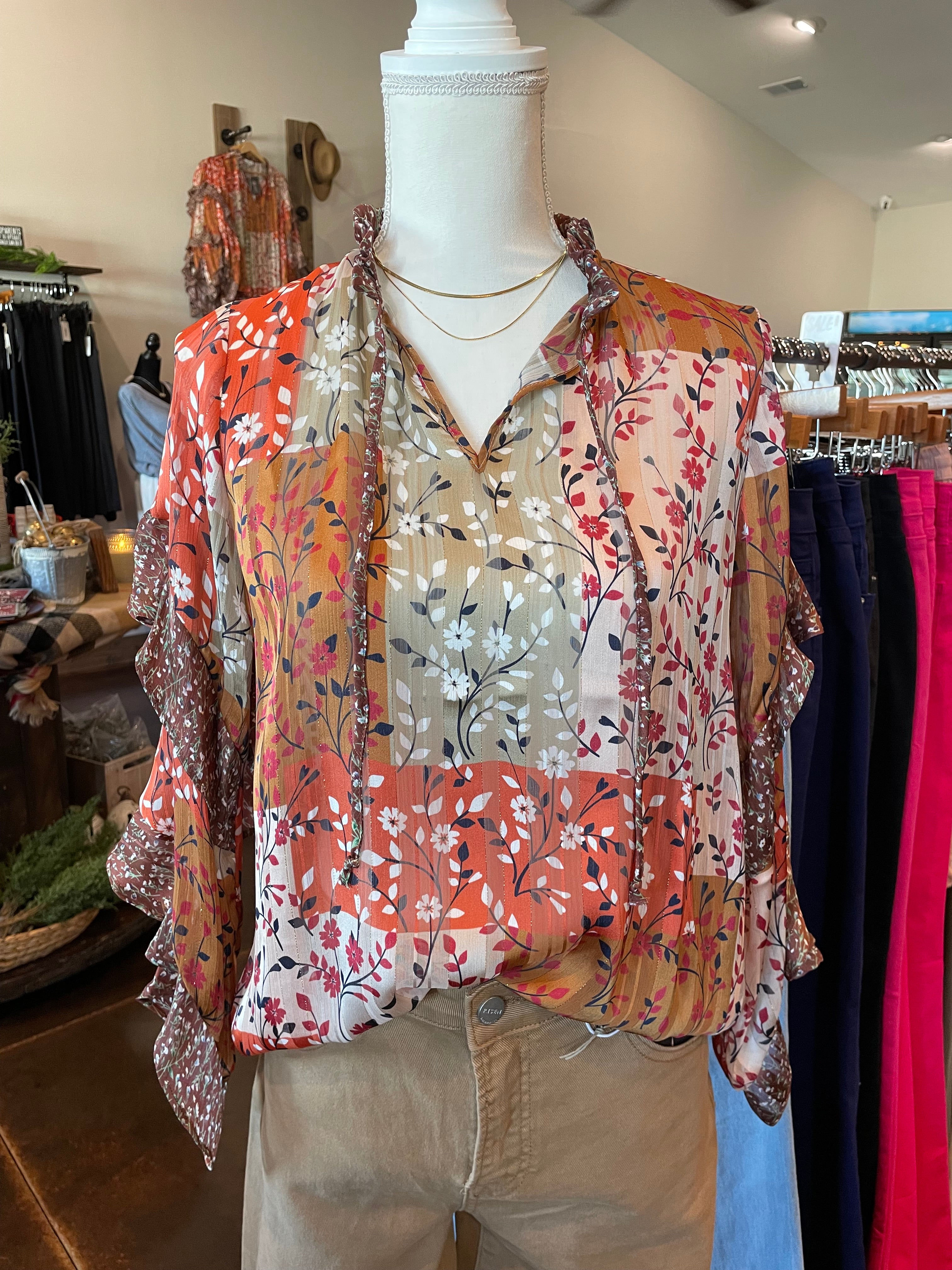 Mixed Print Ruffle Top in Autumn Patchwork