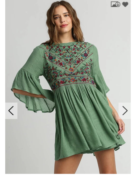 Bell Sleeve Dress with Floral Embroidered Yoke