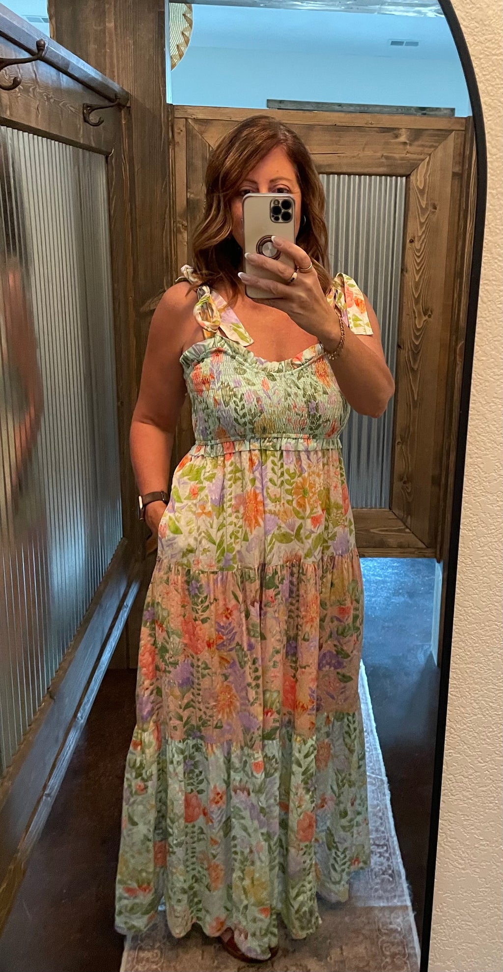 Smocked V-neck Tiered Multi Print Dress