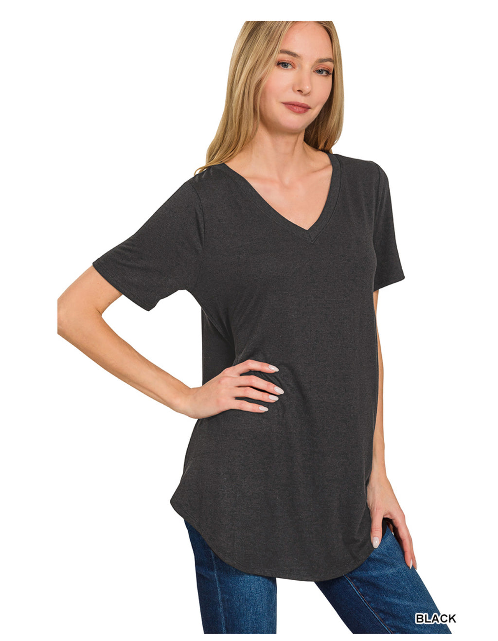 V-Neck Short Sleeve Round Hem Top