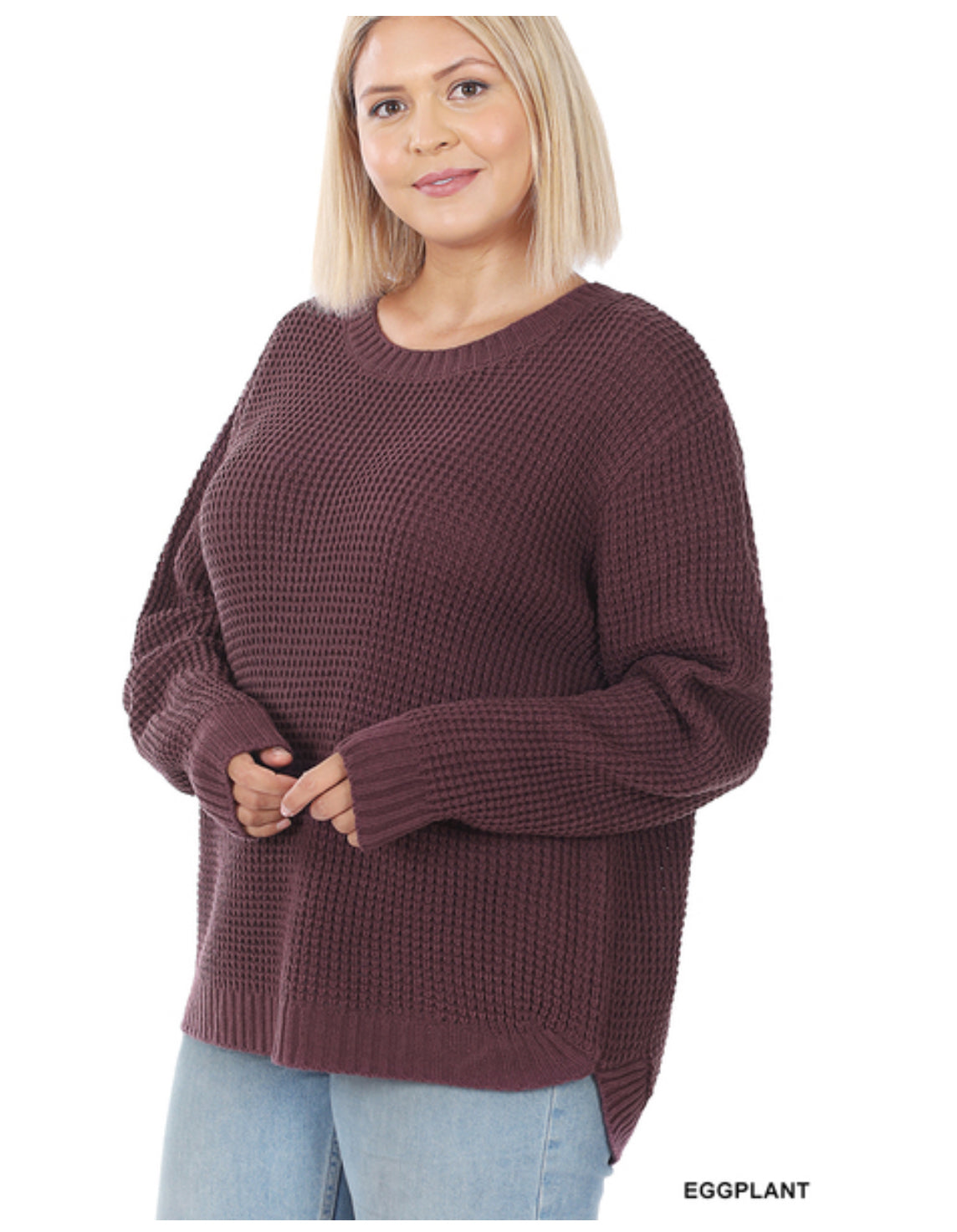 Hi-Low Round Neck Waffle Sweater