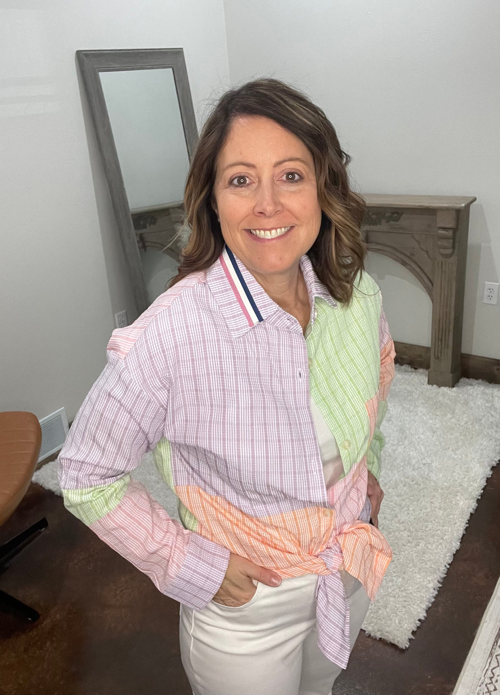 MULTI COLOR PLAID COLOR BLOCK BUTTON FRONT SHIRT