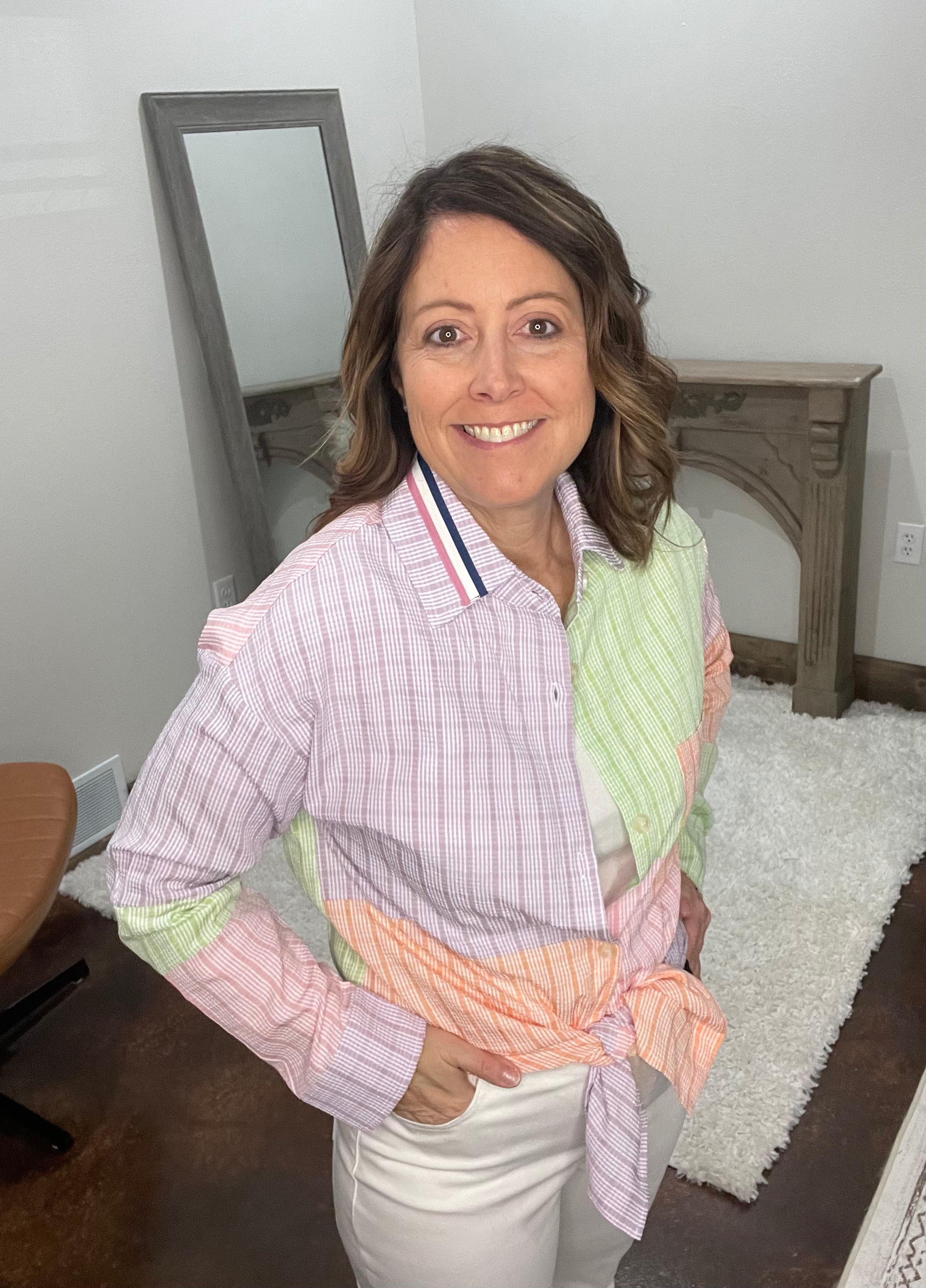 MULTI COLOR PLAID COLOR BLOCK BUTTON FRONT SHIRT