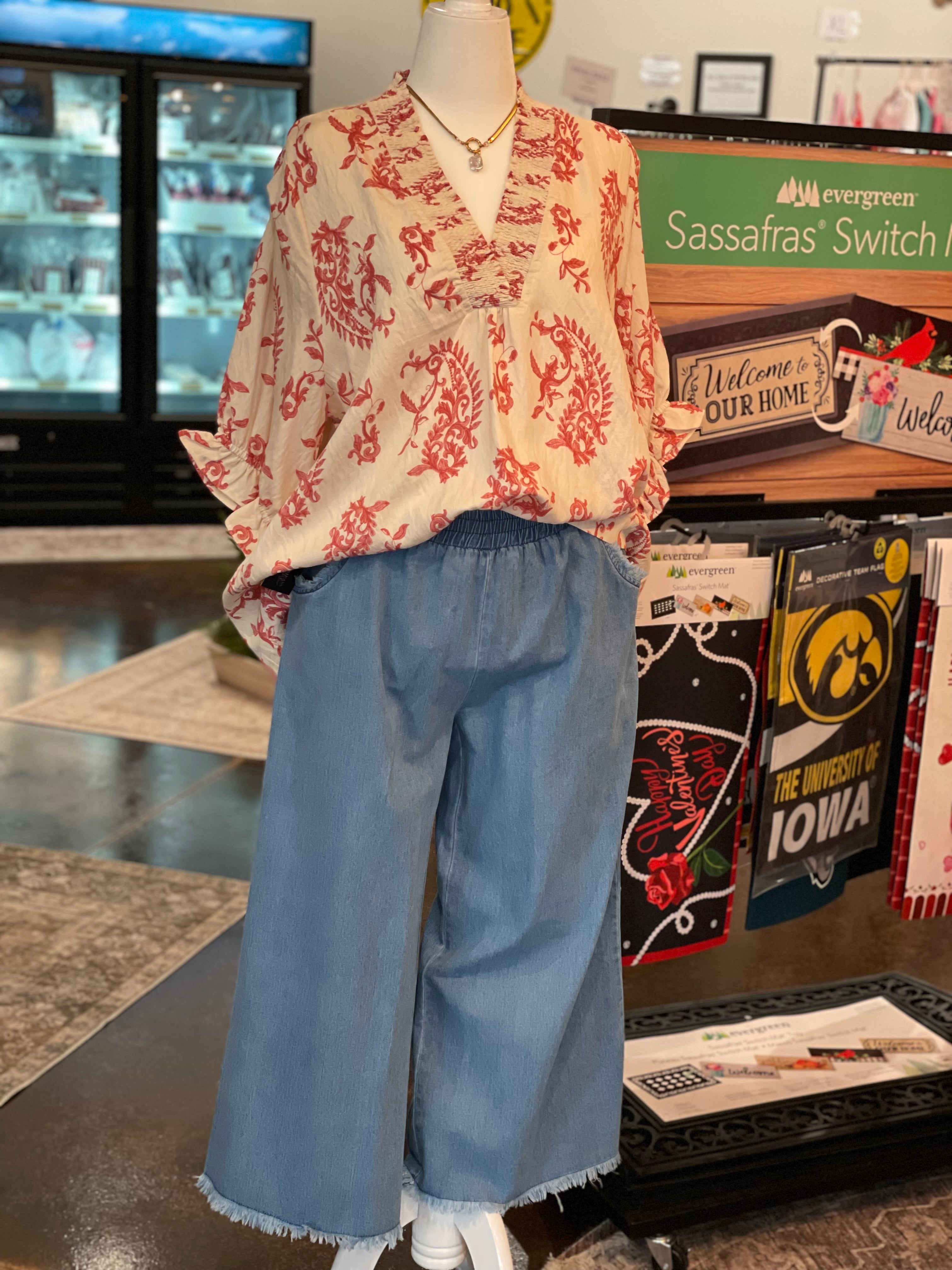 Washed Denim Pants with Fringe Hem