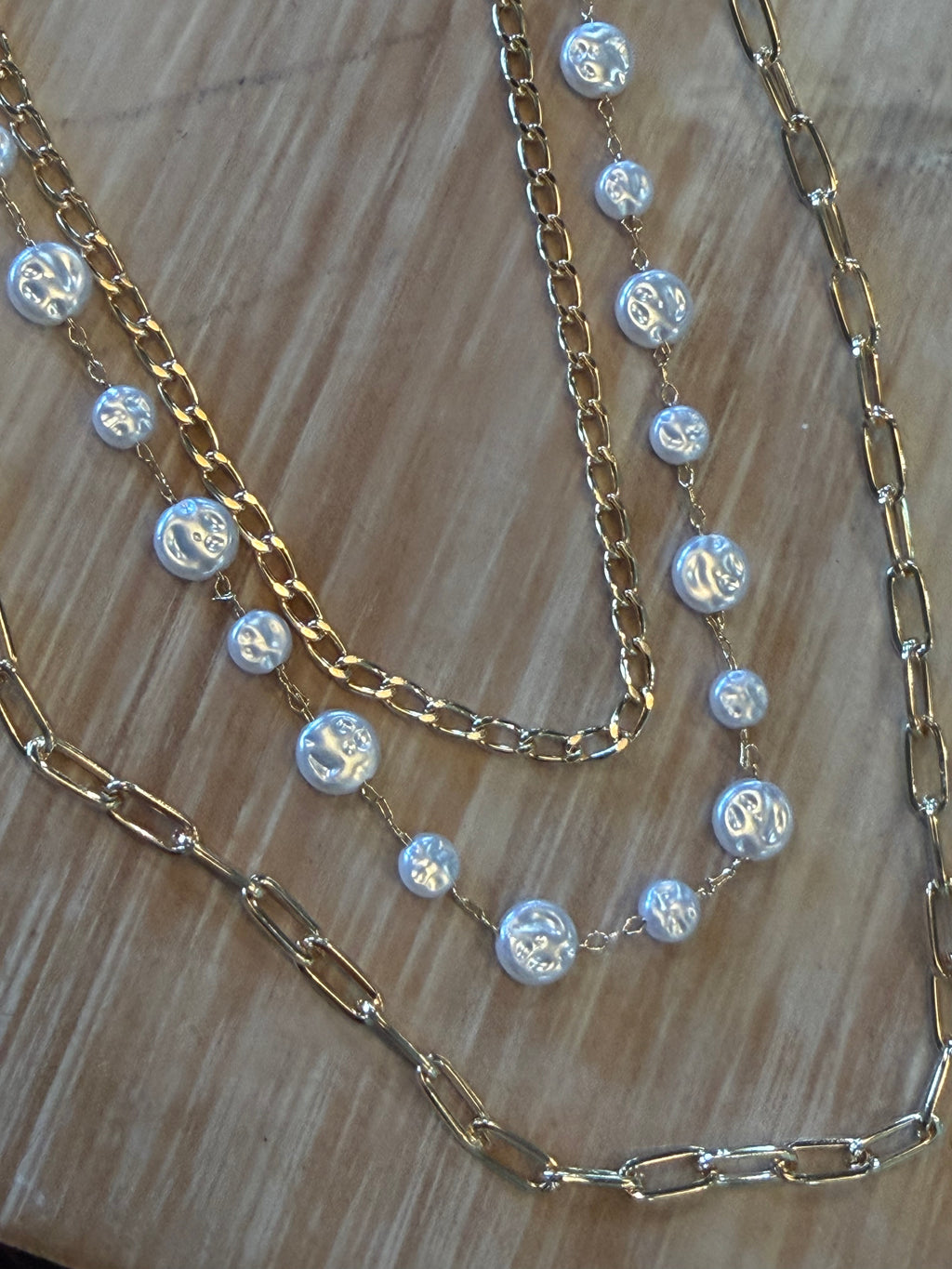 Pearl Bead and Gold Chain Trio Necklace