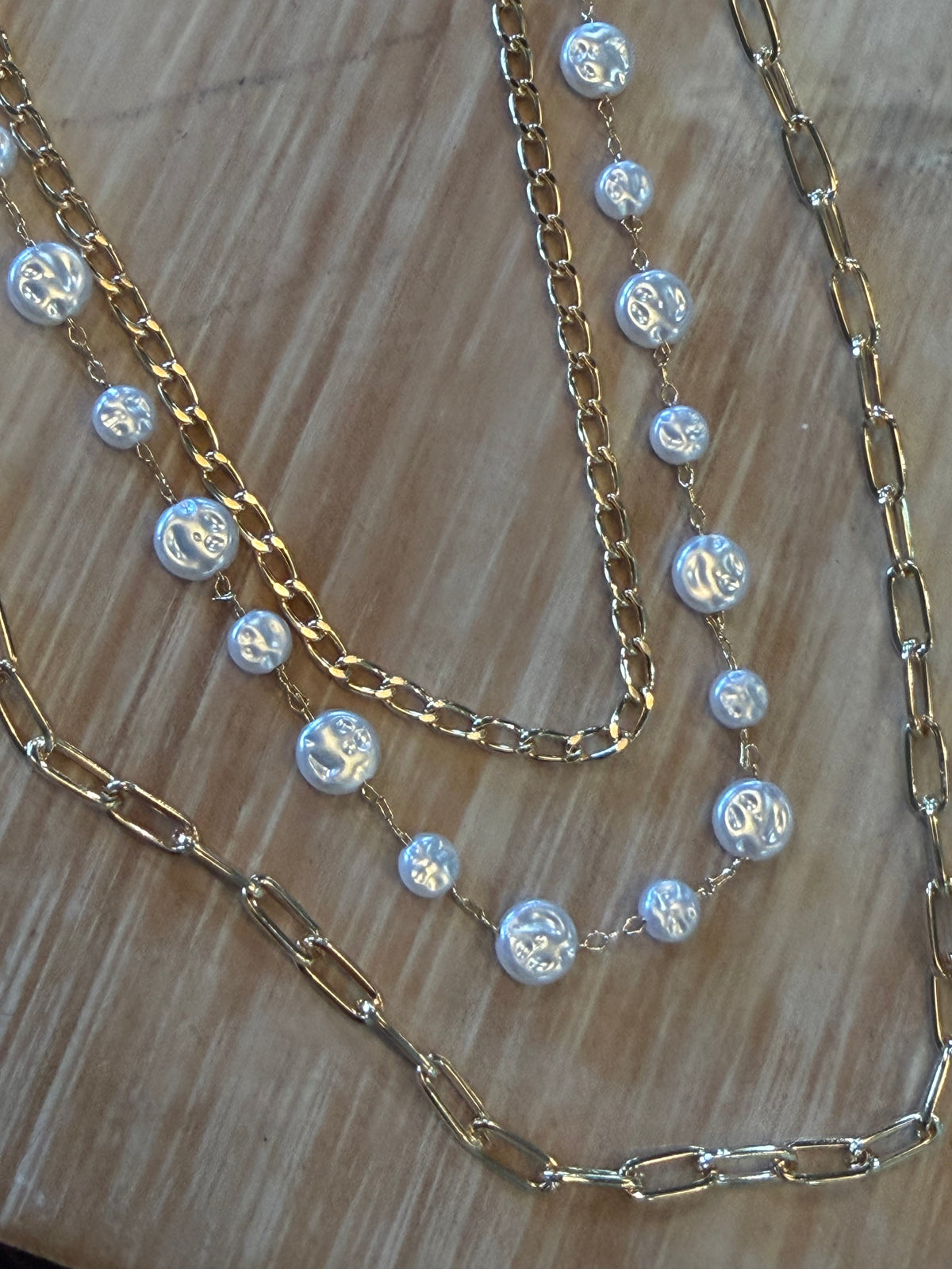 Pearl Bead and Gold Chain Trio Necklace