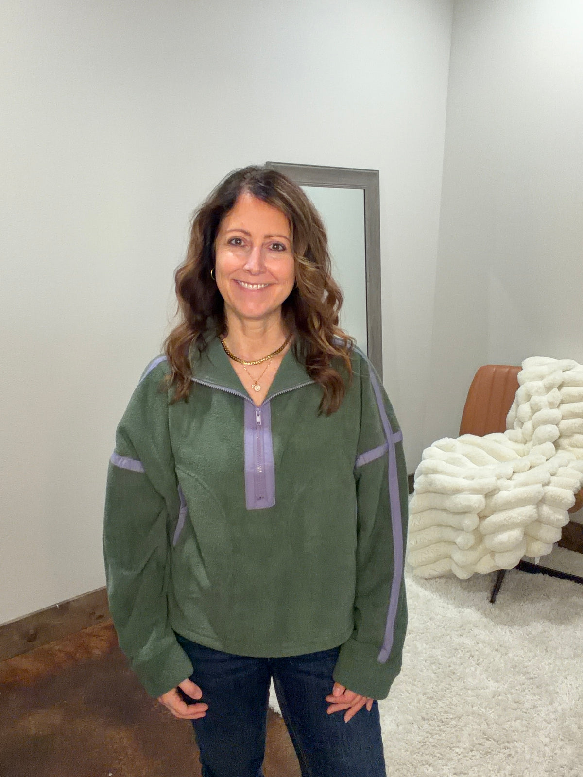 Contrast Trim Half-Zip Fleece Pullover