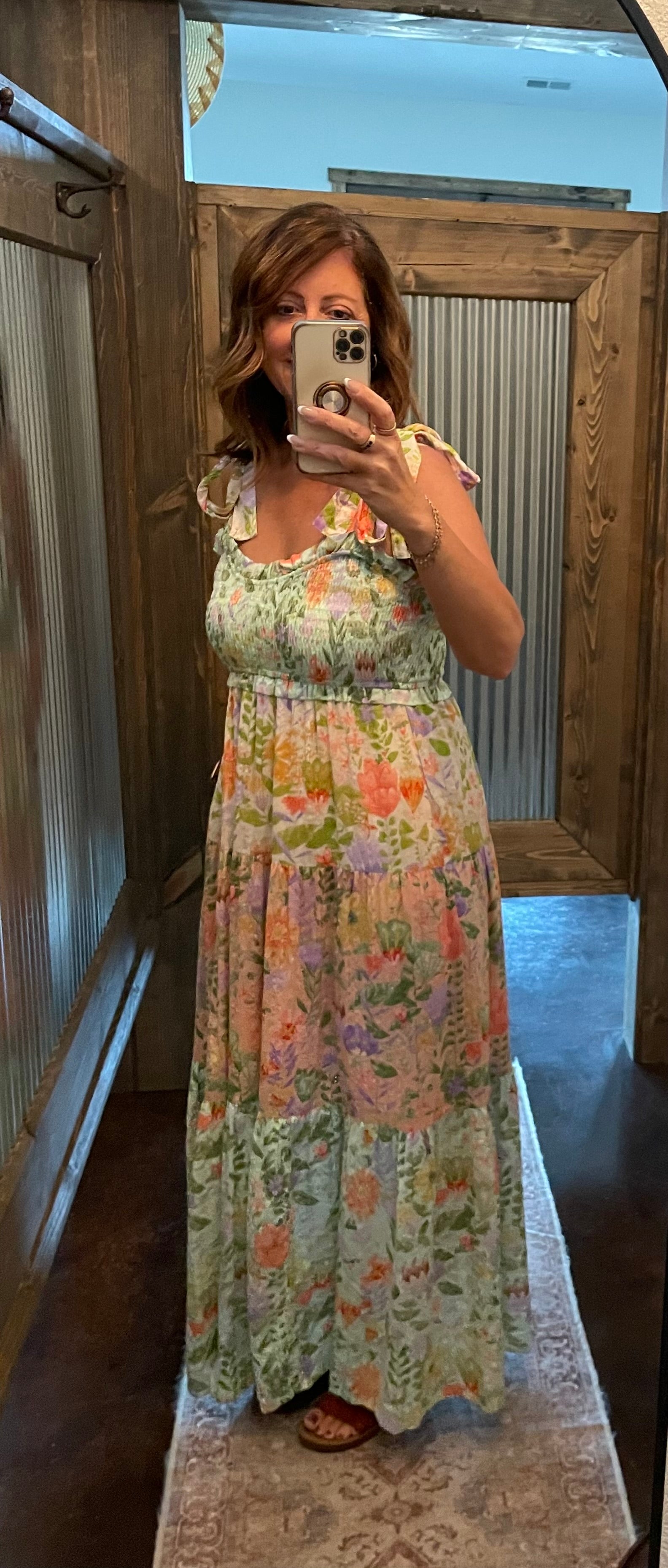 Smocked V-neck Tiered Multi Print Dress