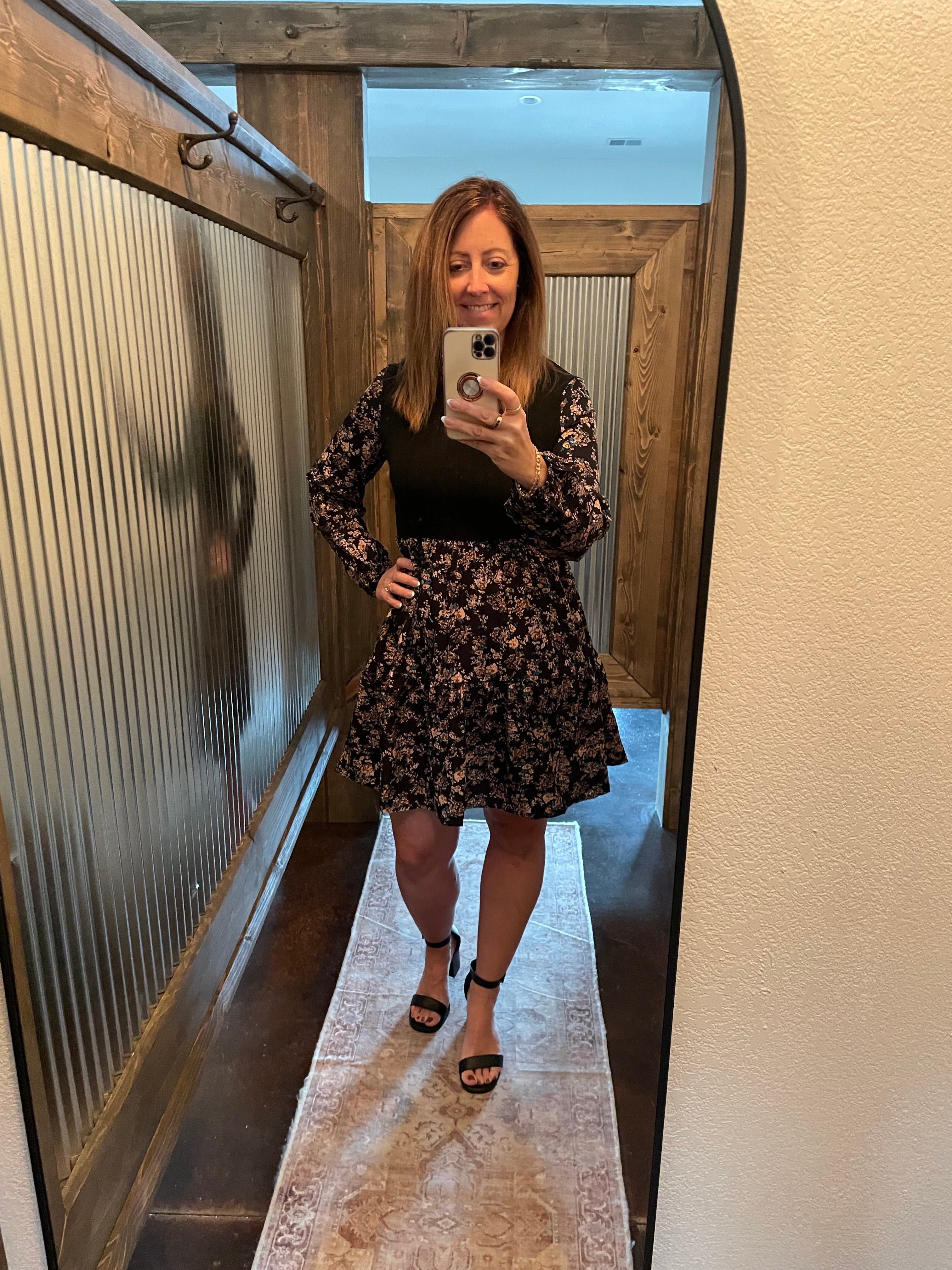 Black Floral Puff Sleeves Flowy Dress