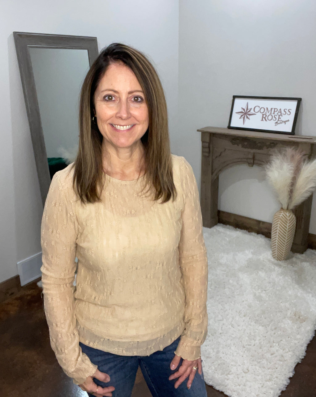 Lace Textured Long Sleeve Top