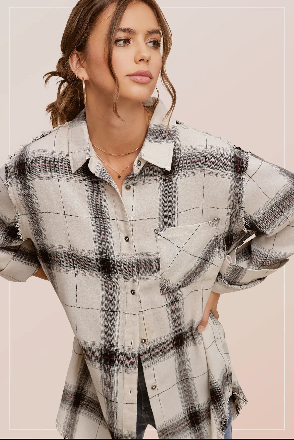 Loose Fit Button Down Cut Edge Detailed Plaid Shirts