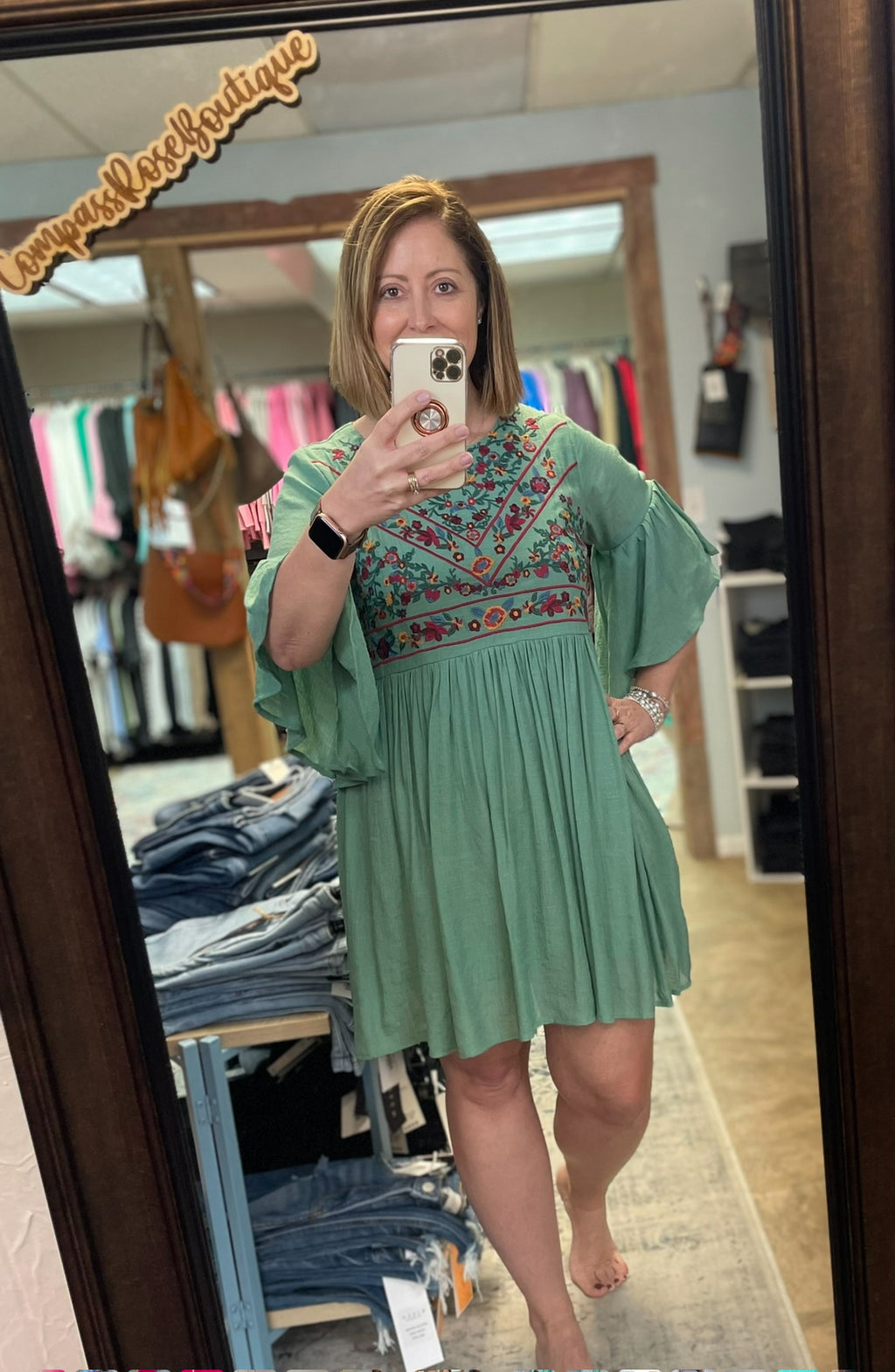 Bell Sleeve Dress with Floral Embroidered Yoke