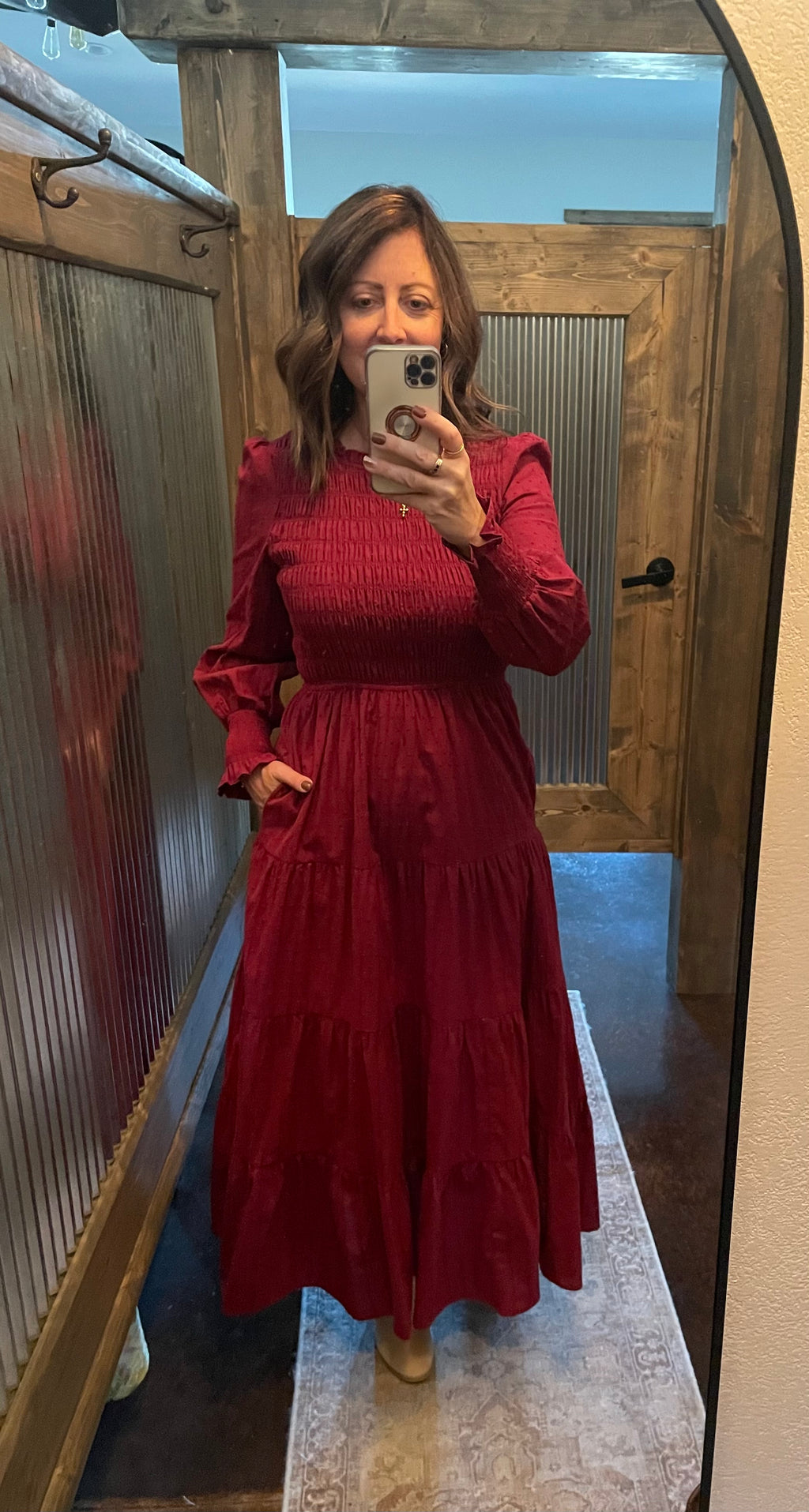 SMOCKED SWISS DOT MAXI DRESS