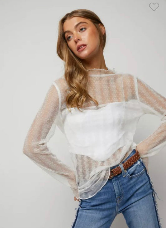 Dotted Lace Stretch Mesh Sheer Top