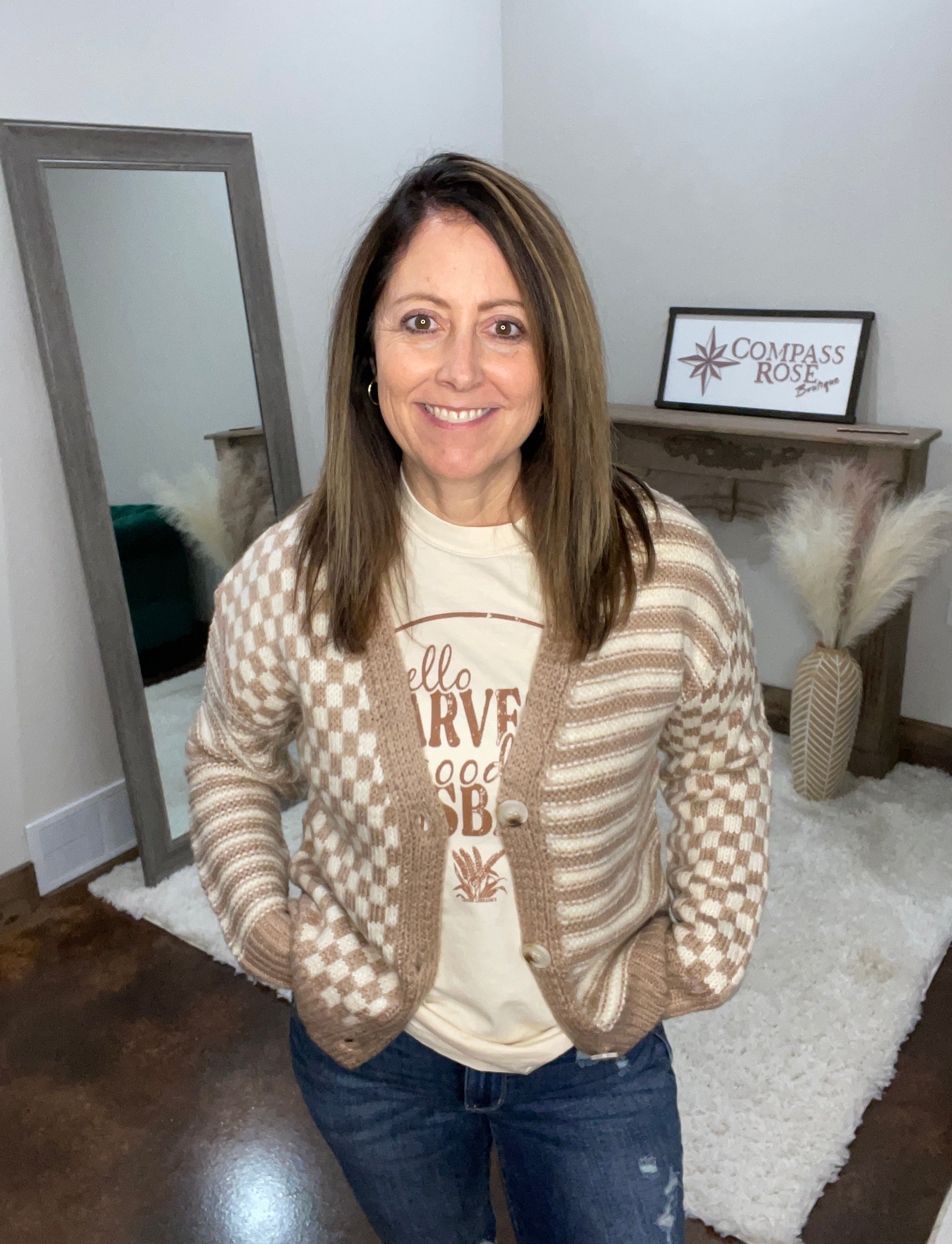 Checker And Stripe Contrast Cardigan