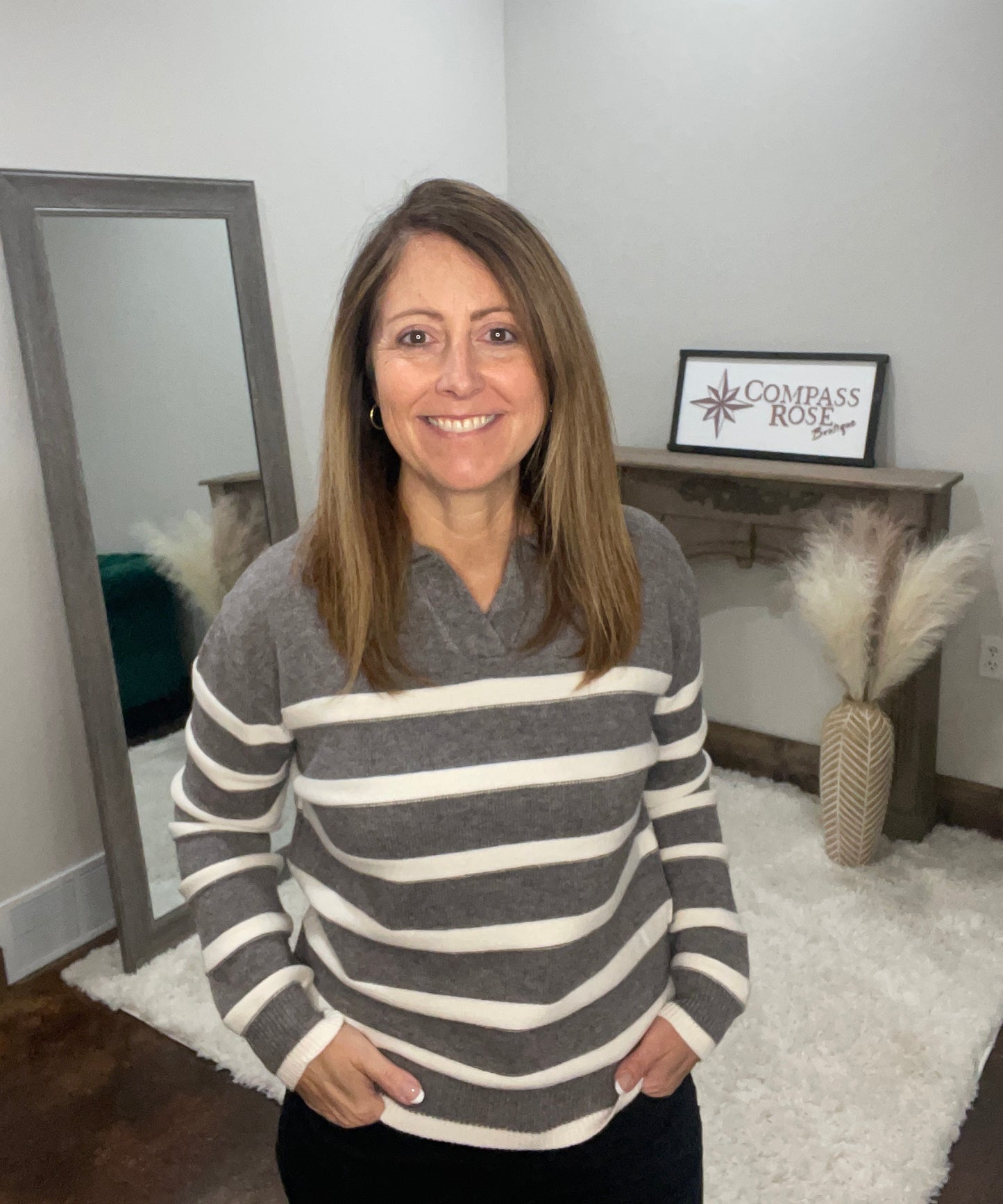 Split V-neck Polo Neckline Striped Sweater Top