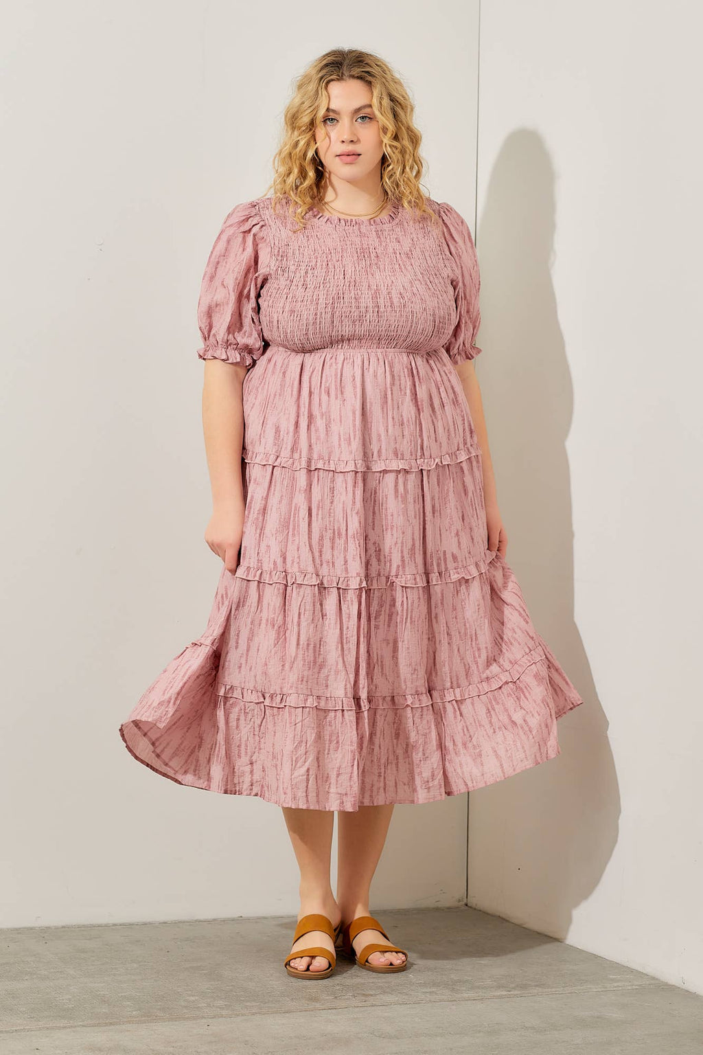 SMOCKED BODICE TIERED MIDI DRESS