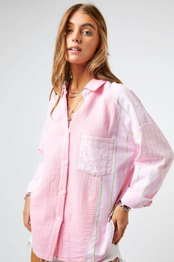 PLAID STRIPE MIXED MATCH BUTTON FRONT SHIRT