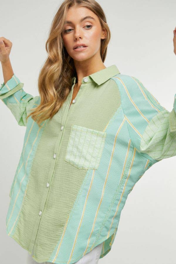 PLAID STRIPE MIXED MATCH BUTTON FRONT SHIRT