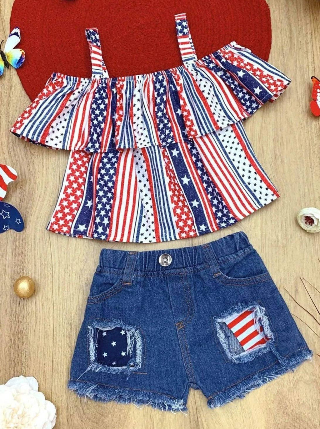 Stars And Stripes Patched Denim Shorts Set