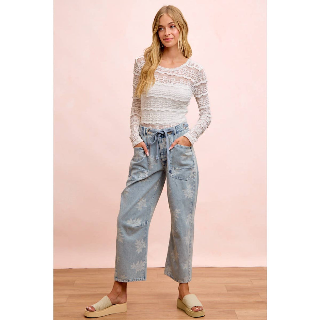 Rose Printed Washed Denim Pants