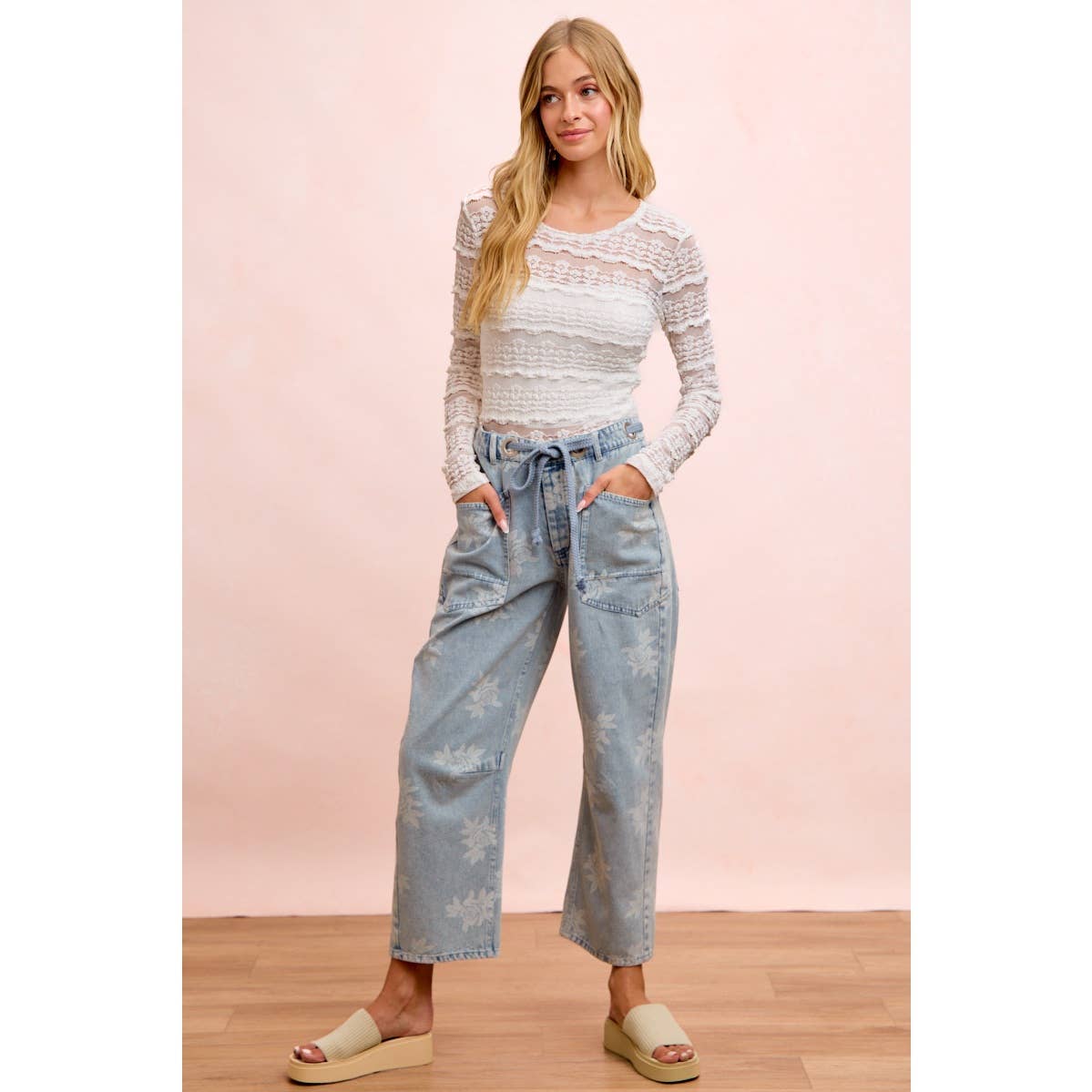 Rose Printed Washed Denim Pants