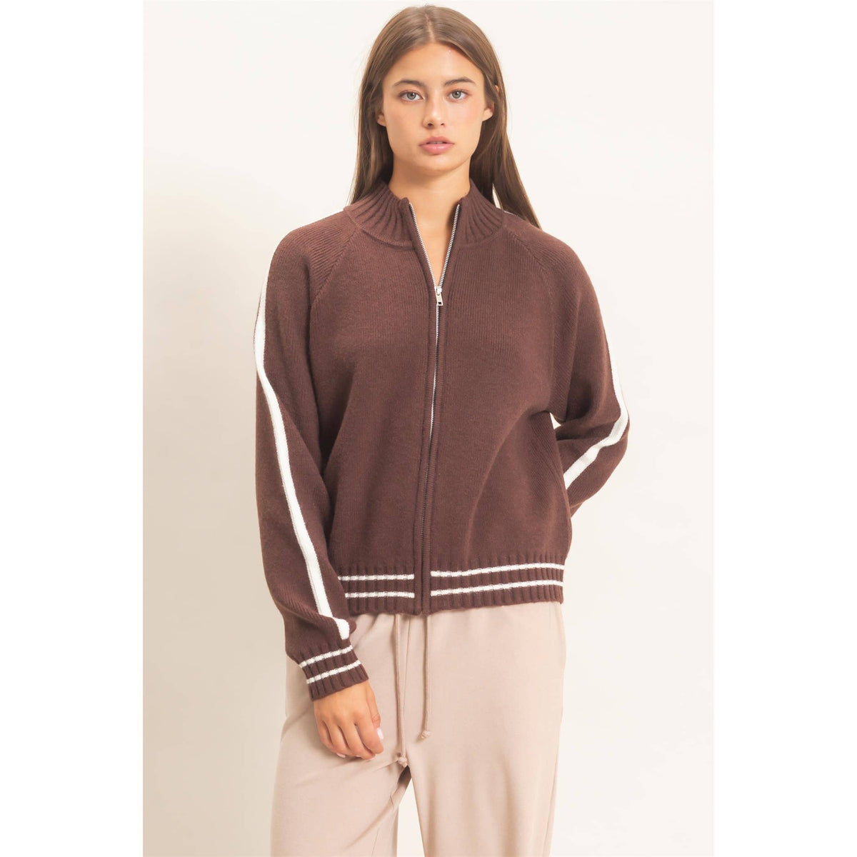 Contrast Stripe Zip-Up Sweater