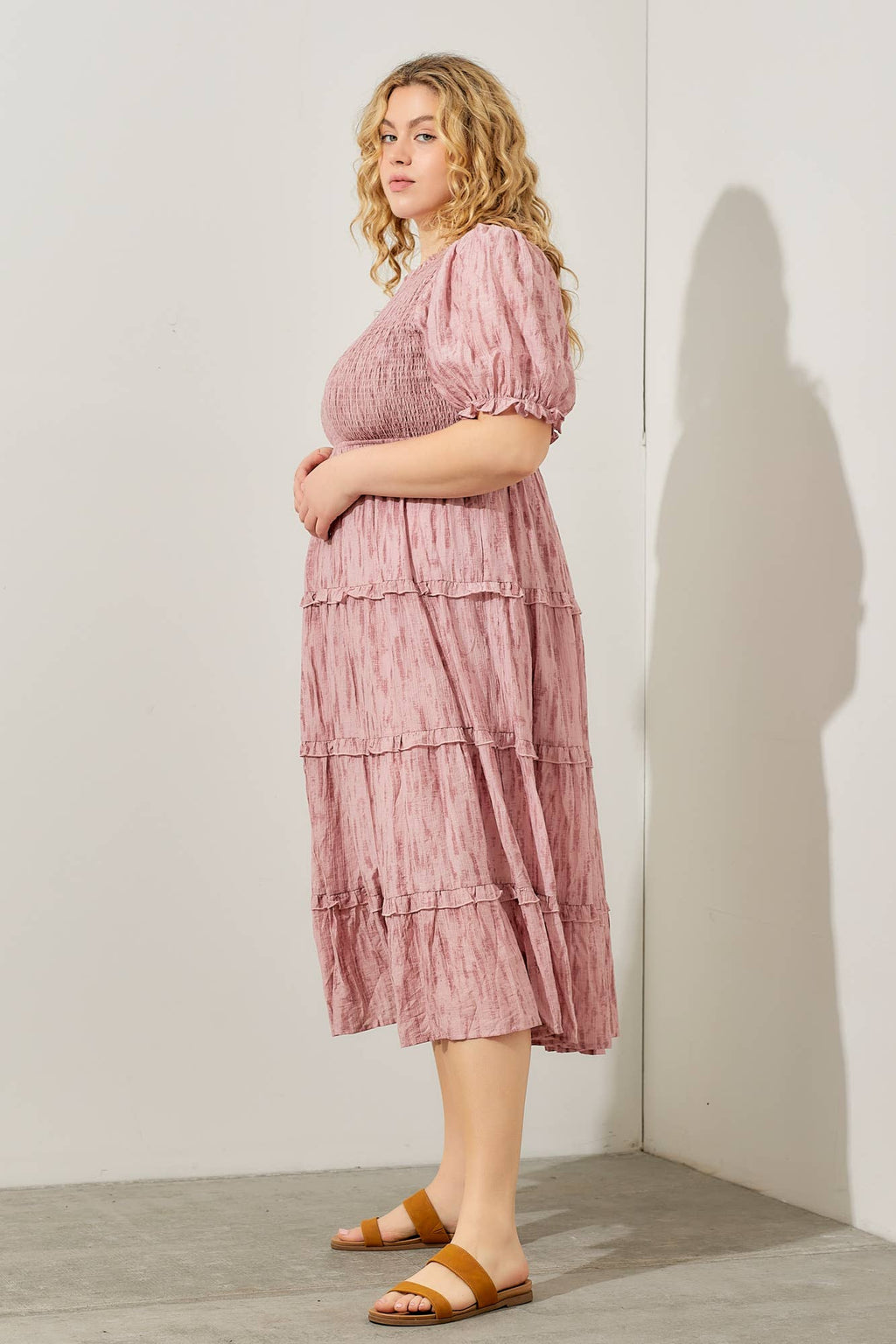 SMOCKED BODICE TIERED MIDI DRESS