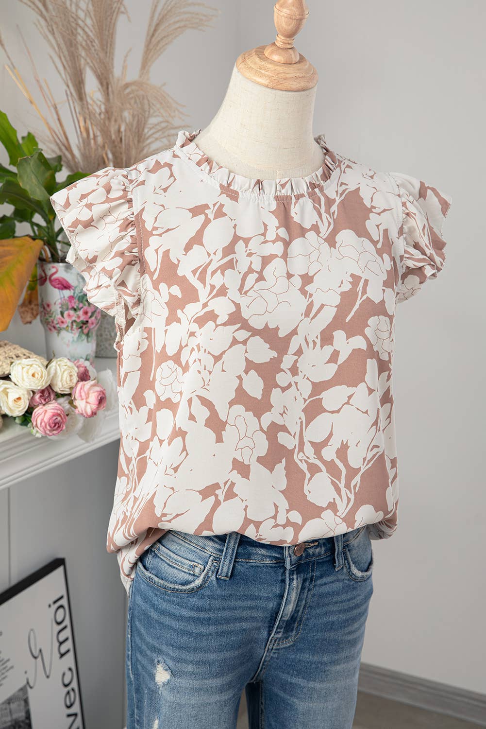 Floral Print Ruffle Short Sleeve Summer Tops