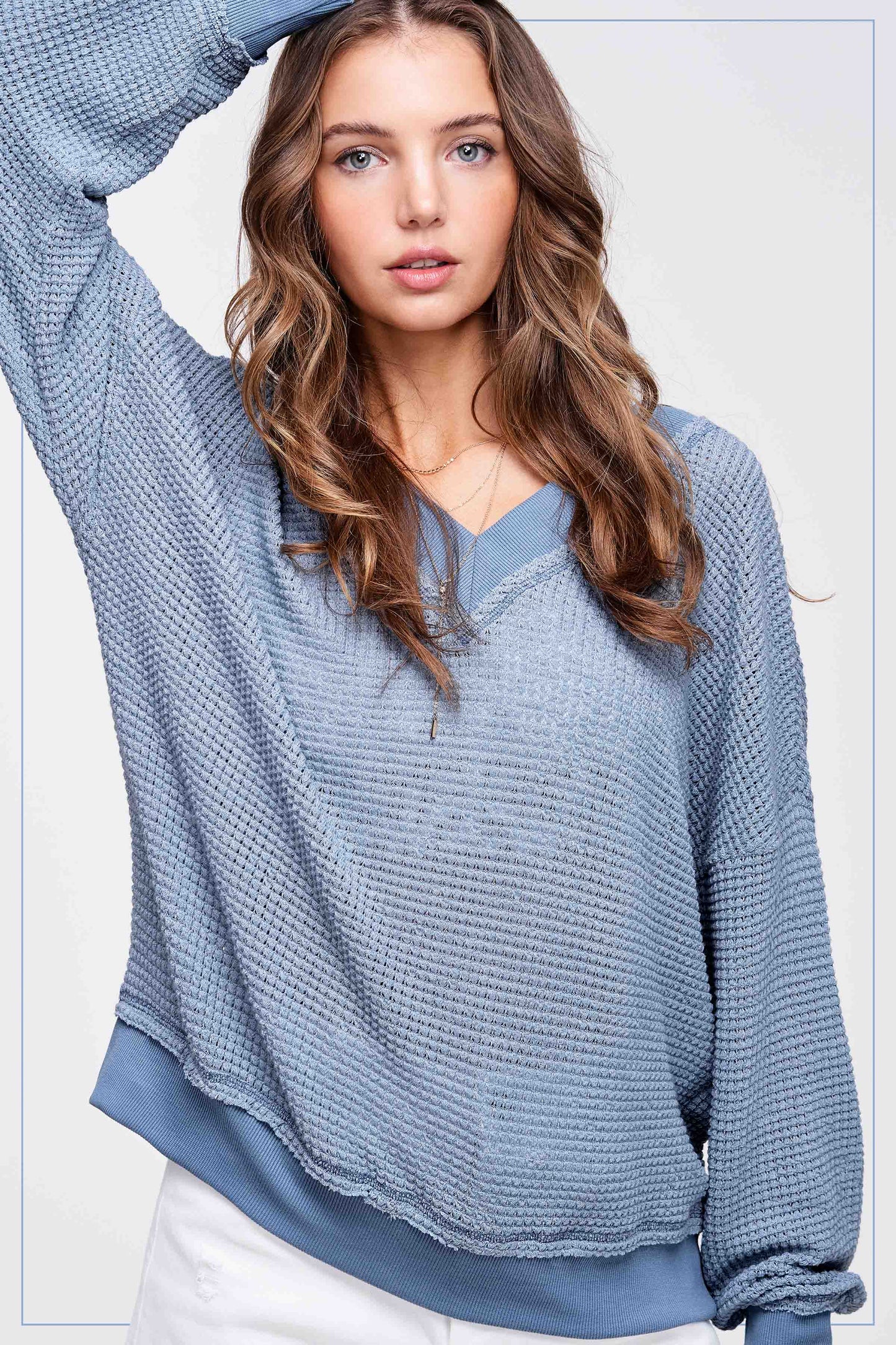 V-neck Waffle Textured Long Sleeve Top