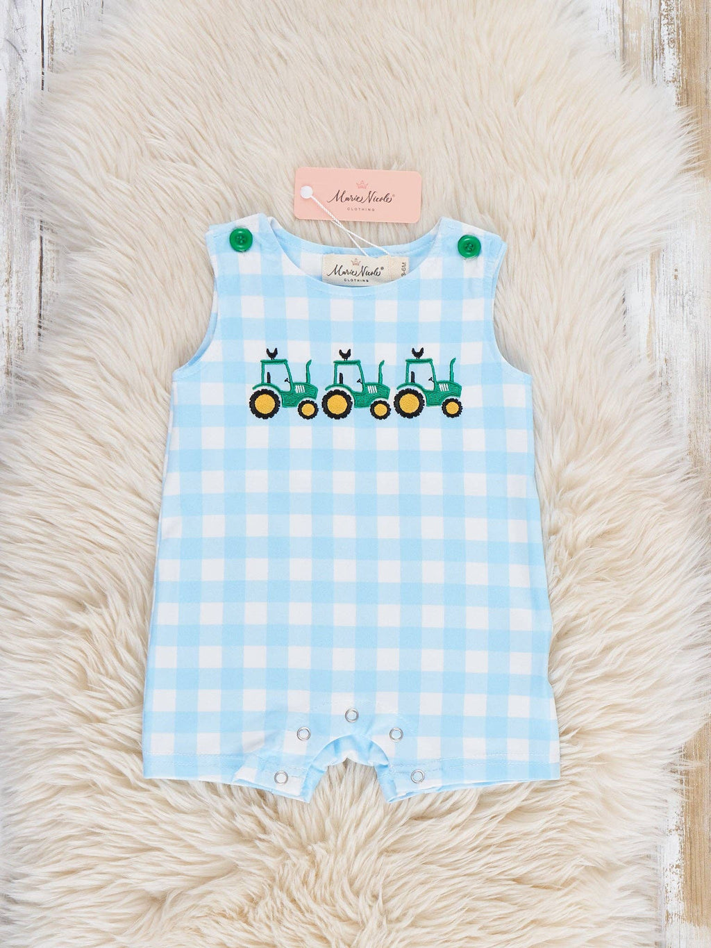 Little Farmer’s Embroidered Plaid Romper