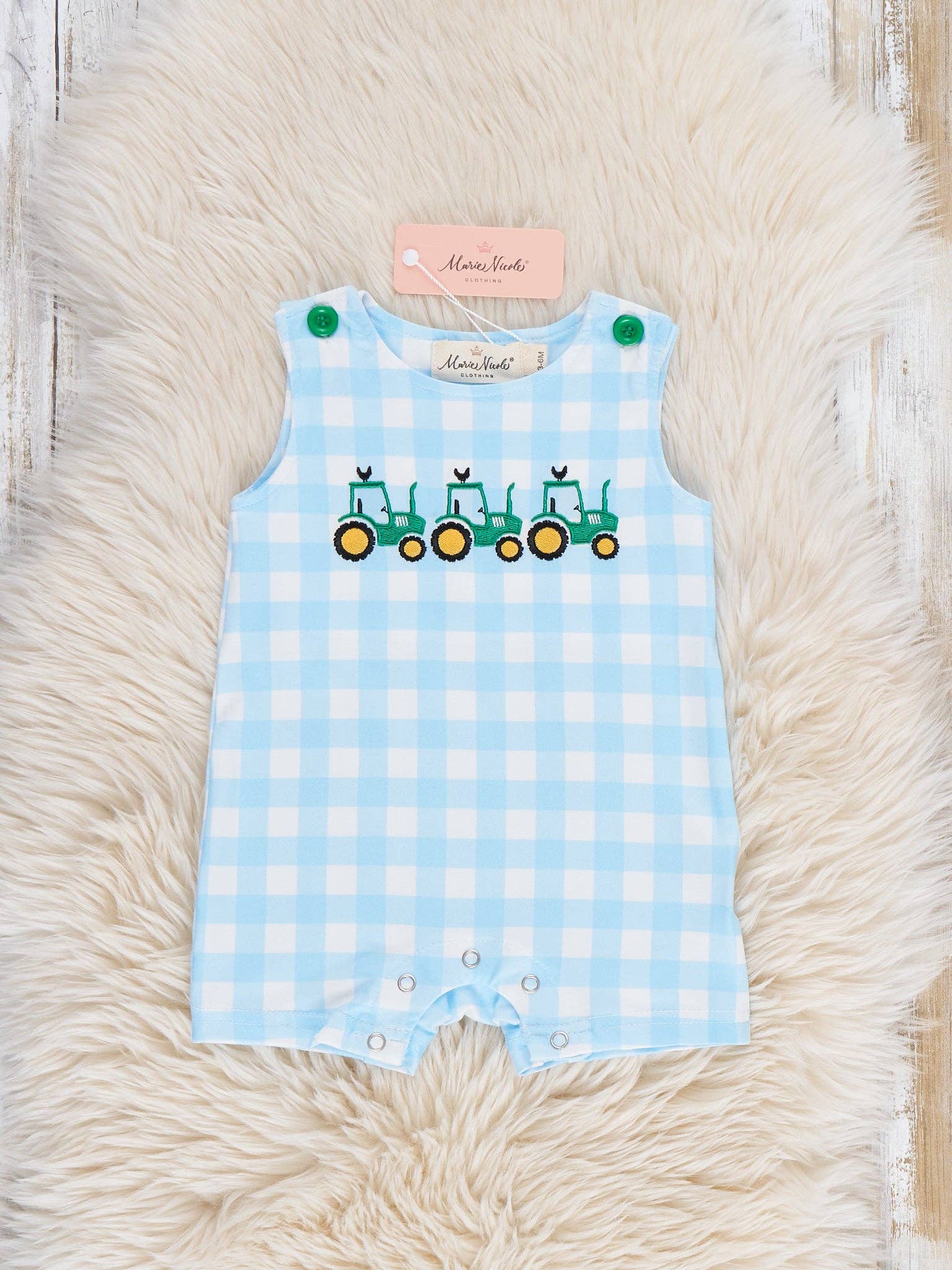 Little Farmer’s Embroidered Plaid Romper