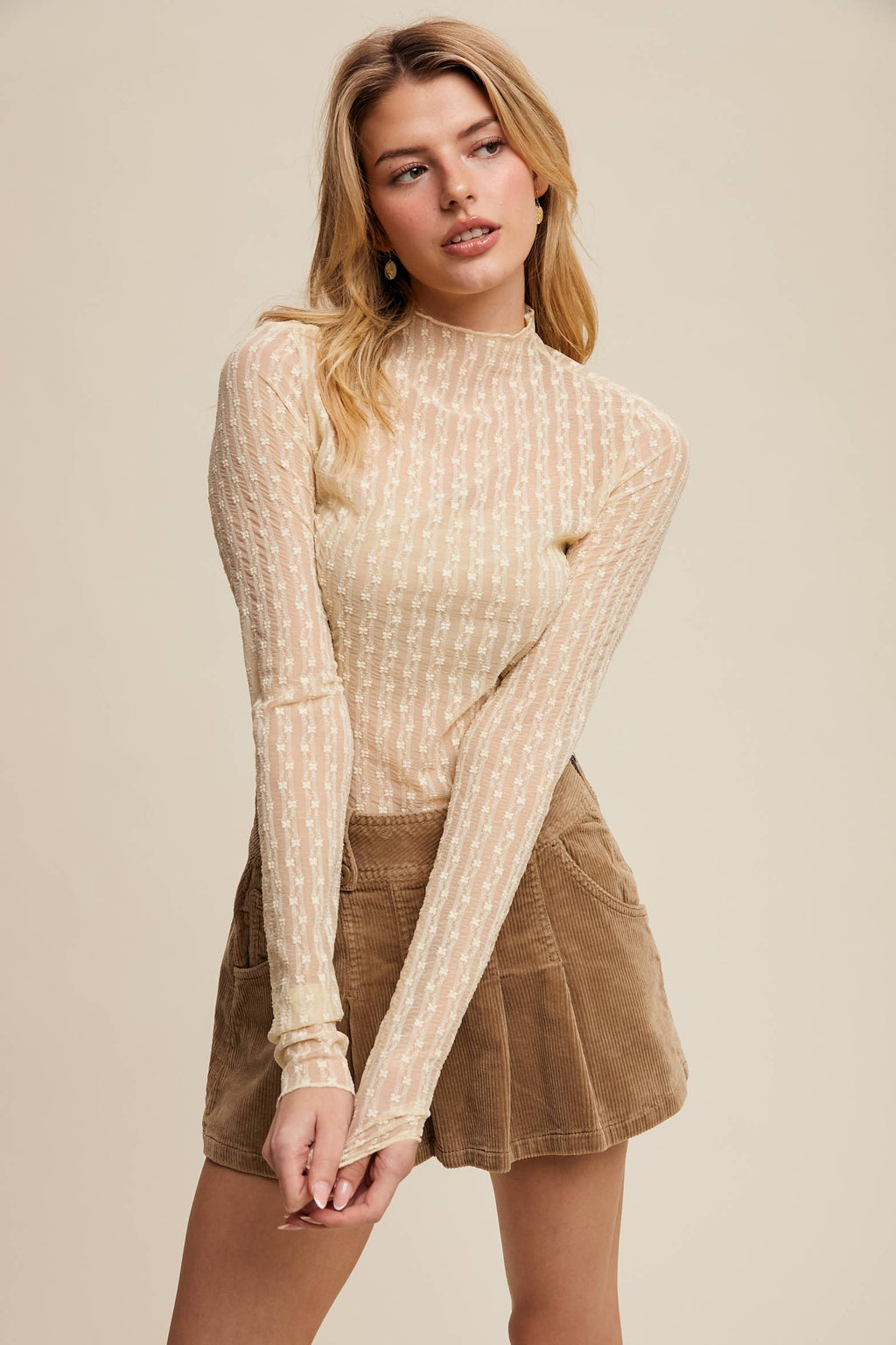 Semi Sheer Textured Lace Long-Sleeve Layering Top