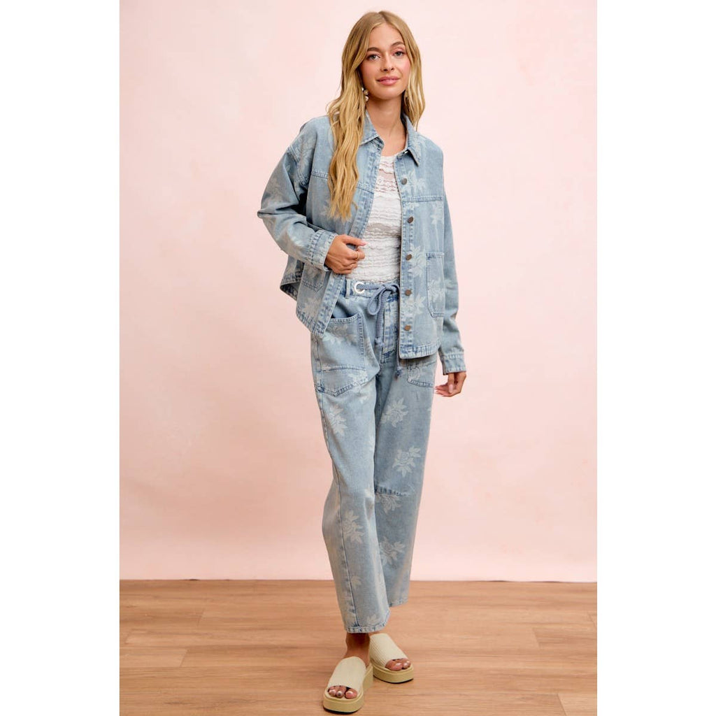 Rose Printed Washed Denim Pants
