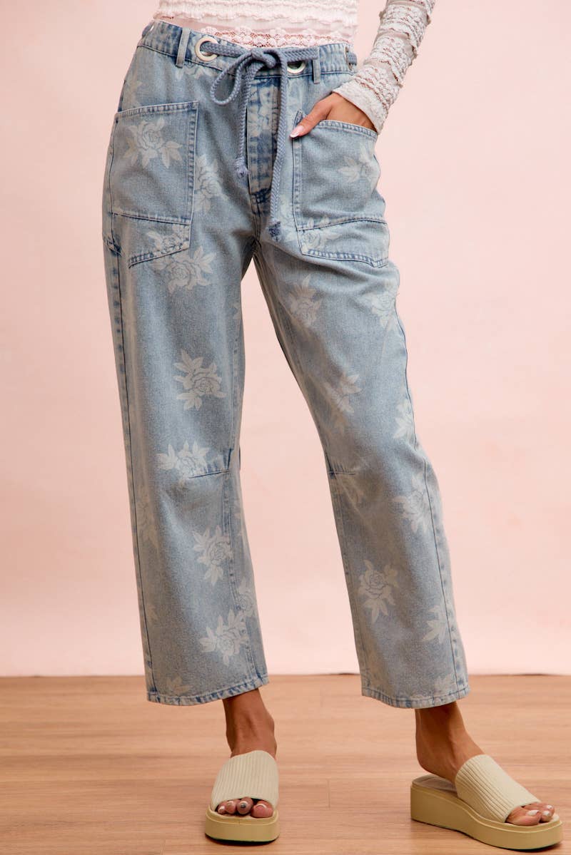 Rose Printed Washed Denim Pants