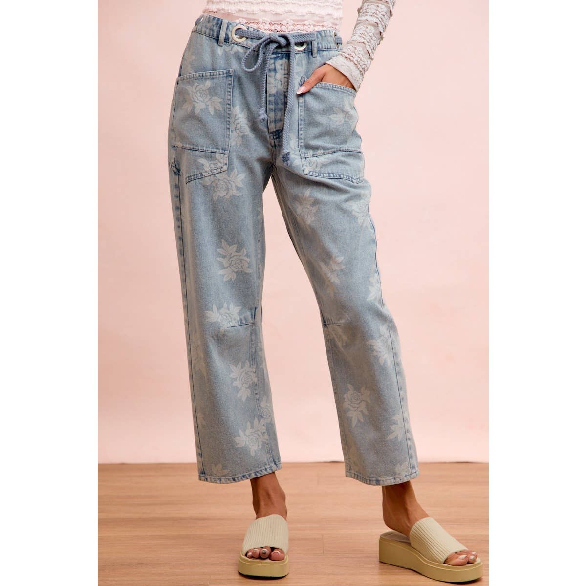 Rose Printed Washed Denim Pants