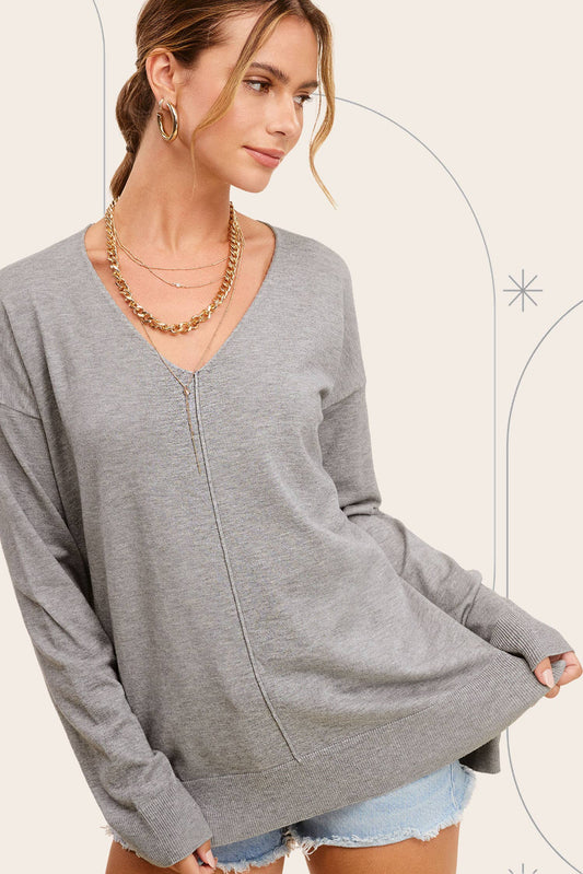 Stretchy V-neck Long Sleeve Lightweight Knit Top