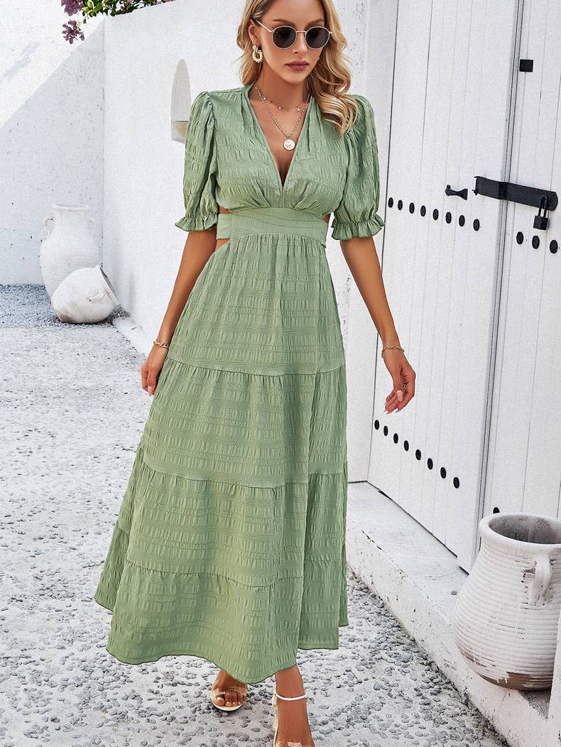 Smocked Back Tie Tiered Midi Dress