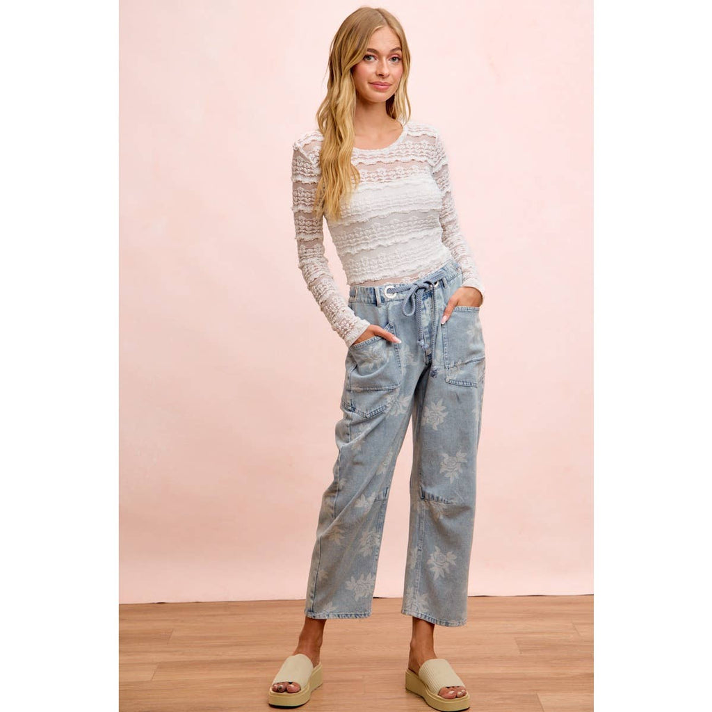 Rose Printed Washed Denim Pants