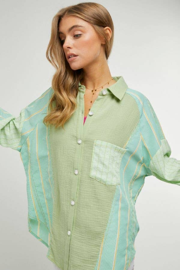 PLAID STRIPE MIXED MATCH BUTTON FRONT SHIRT