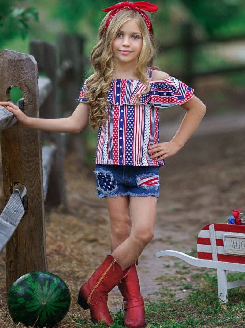 Stars And Stripes Patched Denim Shorts Set