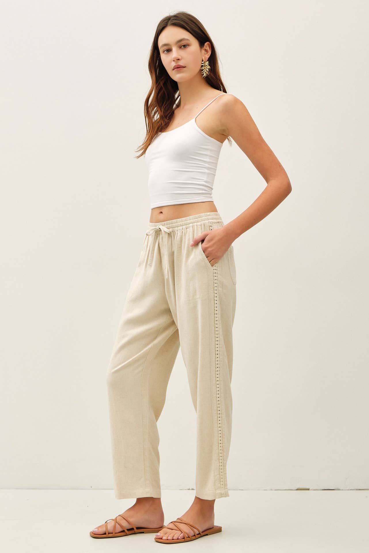 Lace Trim Tapered Linen Pants