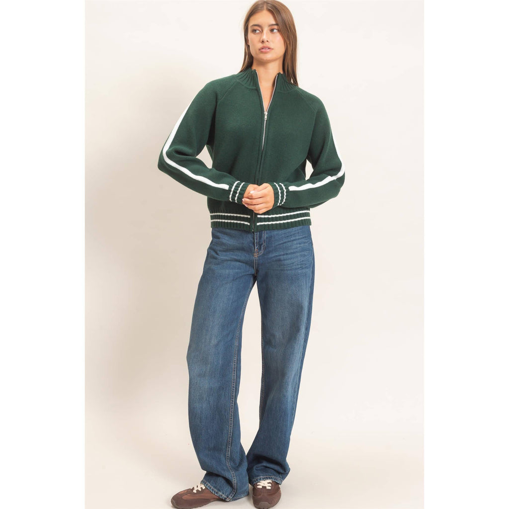 Contrast Stripe Zip-Up Sweater