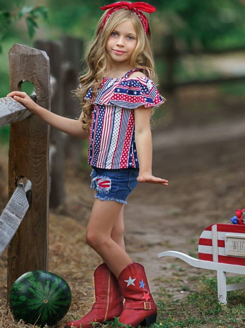 Stars And Stripes Patched Denim Shorts Set