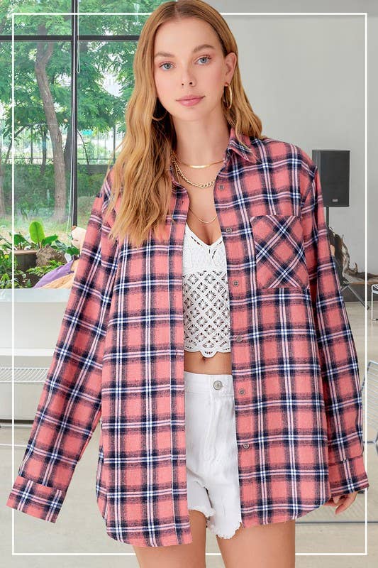 Loose Fit Button Down Soft Fabric Plaid Shirts