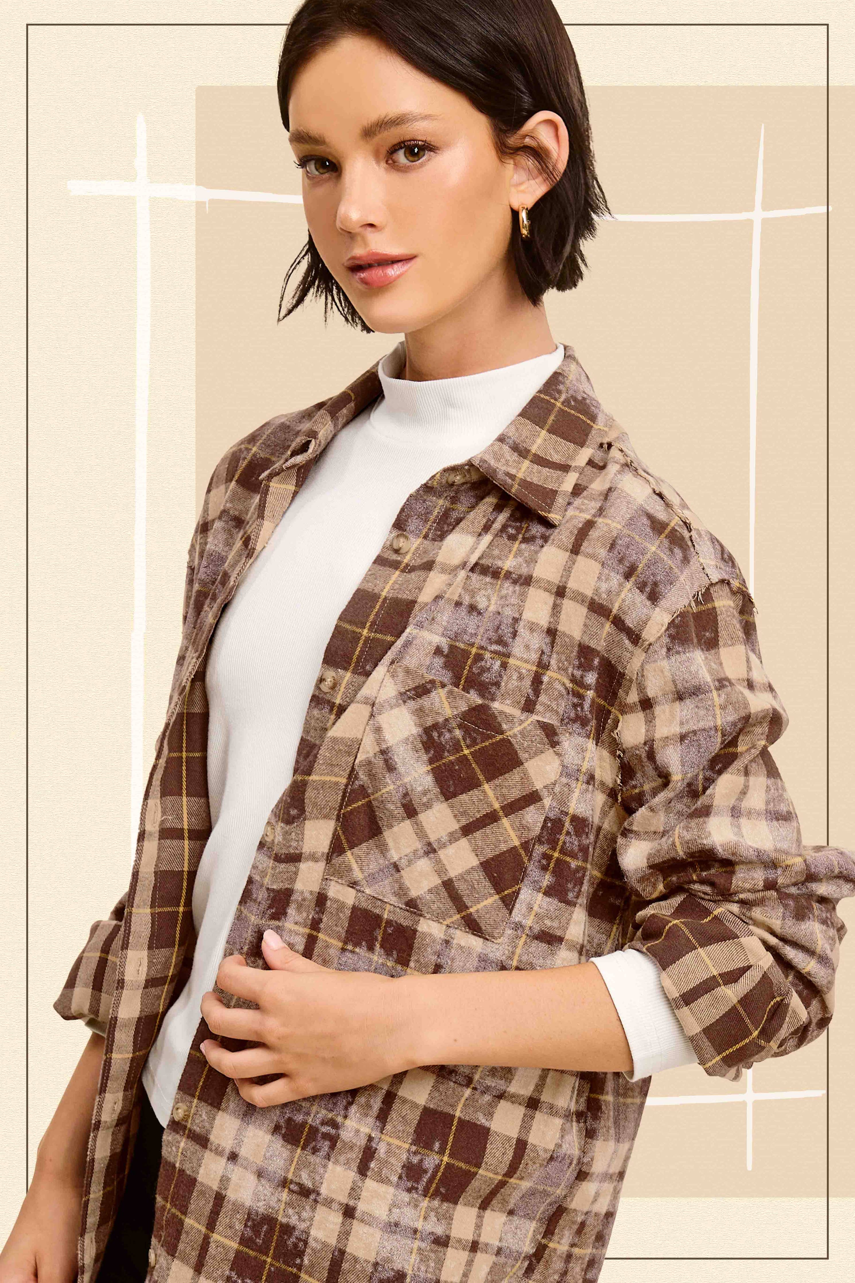 ACID WASHED CUT EDGE BUTTON DOWN PLAID SHIRT