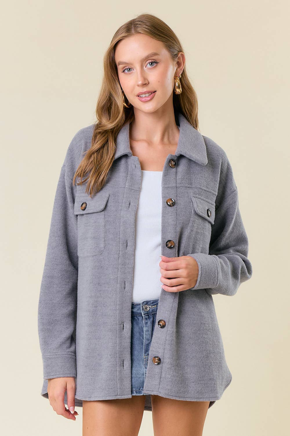 Fleece Knit Button-Down Shacket W/ Patch Pocket