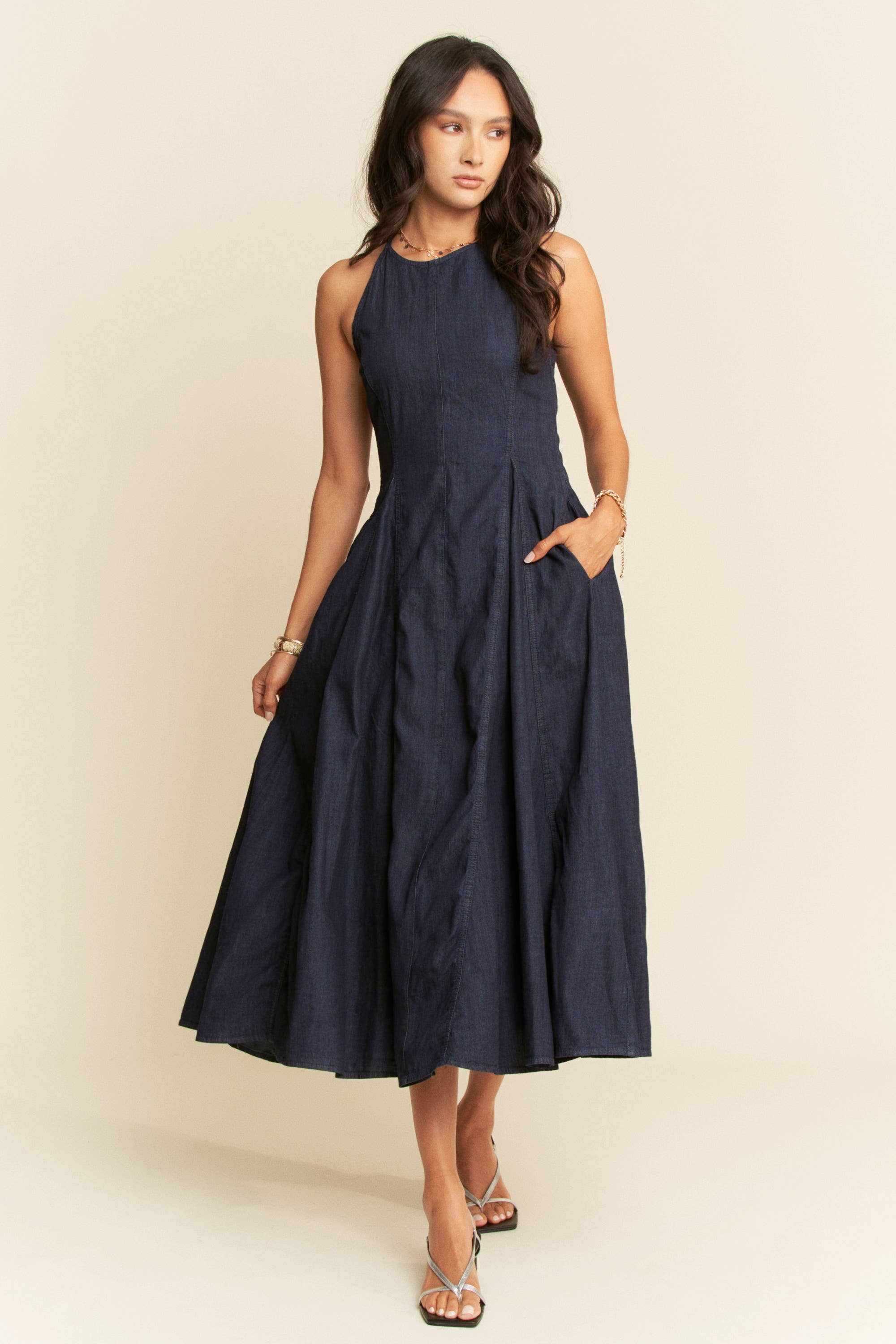 Denim Sleeveless Flare Maxi Dress
