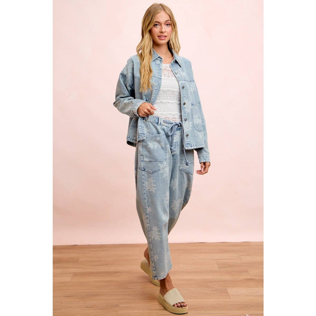 Rose Printed Washed Denim Pants