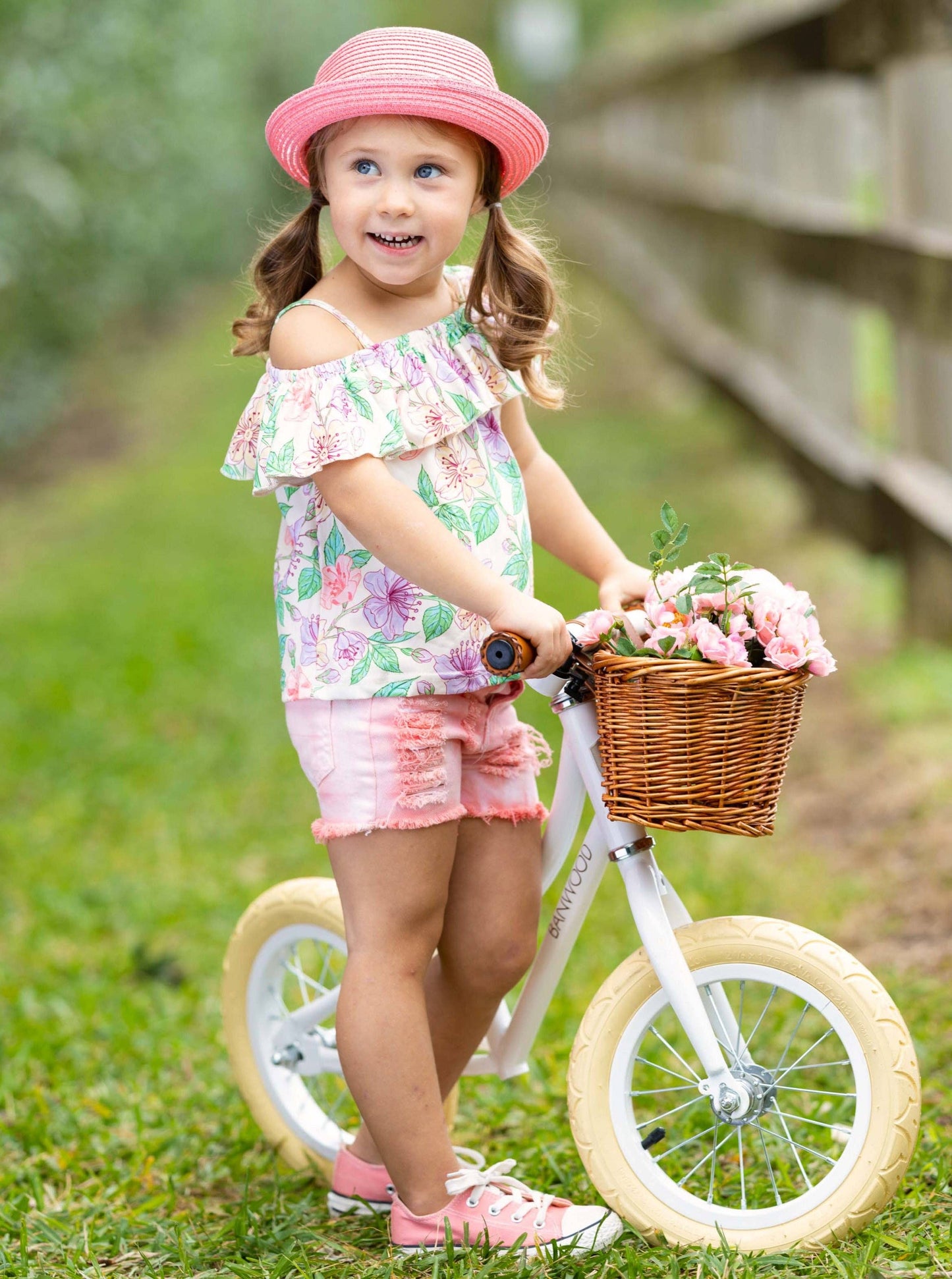 Floral Print Top w/ Ombre Denim Short Set